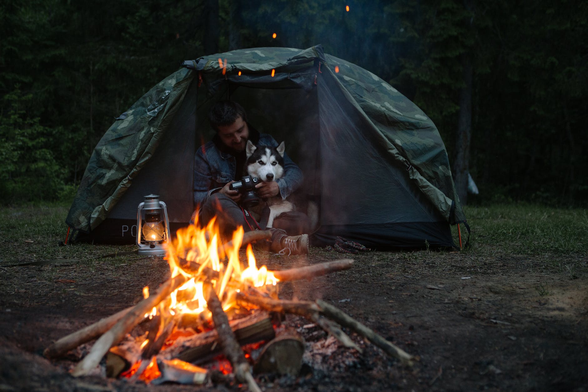 a man camping in the woods with his siberian husky dog