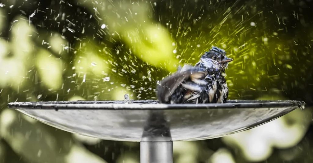 A lively bird splashes playfully in a sunlit fountain, creating a vibrant display of water droplets.