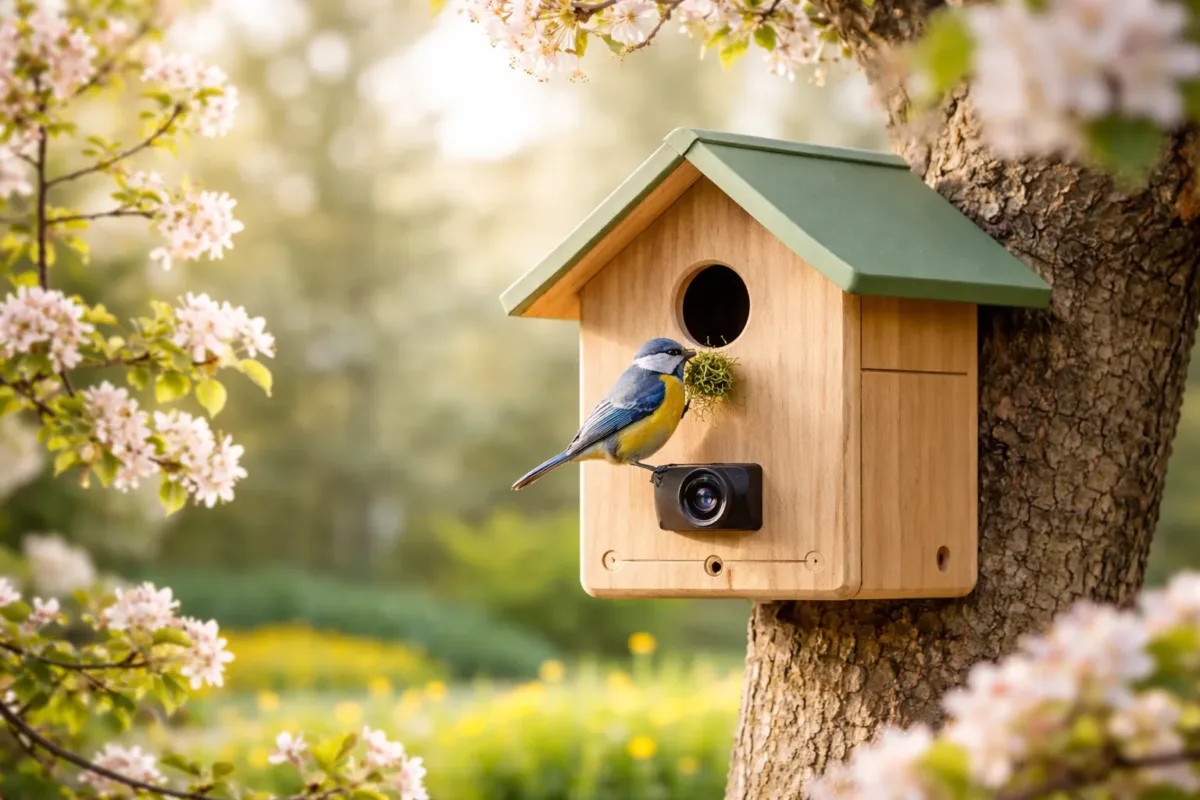 Springtime garden with Birdfy birdhouse