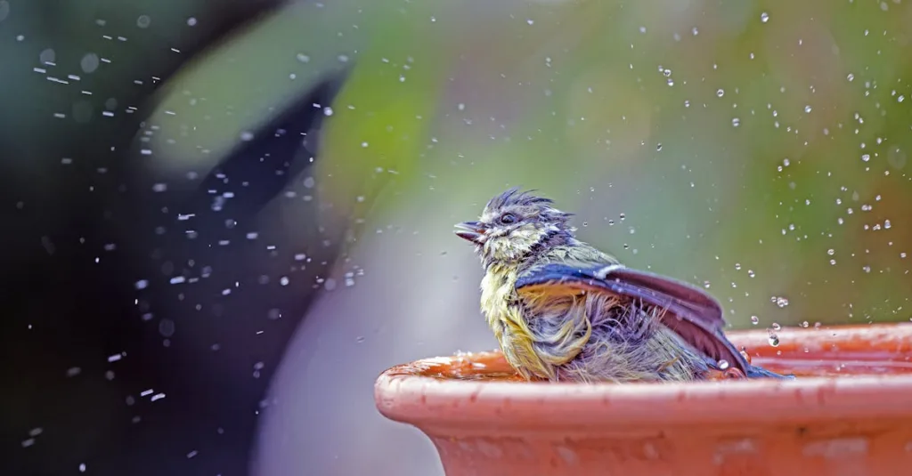 A vibrant bird enjoys a refreshing bath in a garden water dish.
